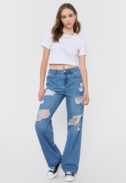 Jeans Mujer Straight Fit Full Roturas Azul Medio