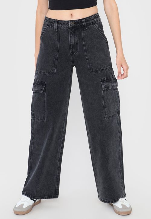 Jeans Mujer Cargo Wide Leg Fit Color Negro