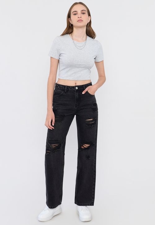 Jeans Mujer Straight Fit Full Roturas Negro