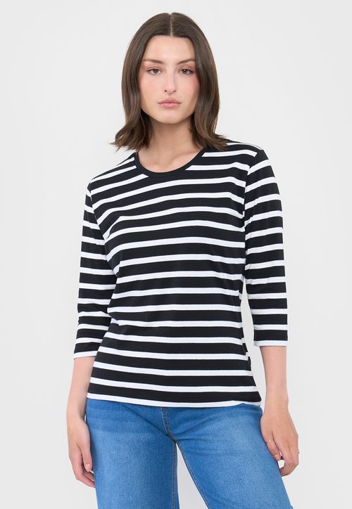 Polera Mujer Algodón Manga 3/4 Líneas Negro/Blanco
