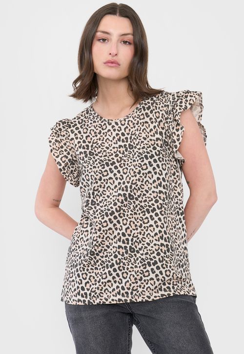 Polera Mujer Vuelos Animal Print Café
