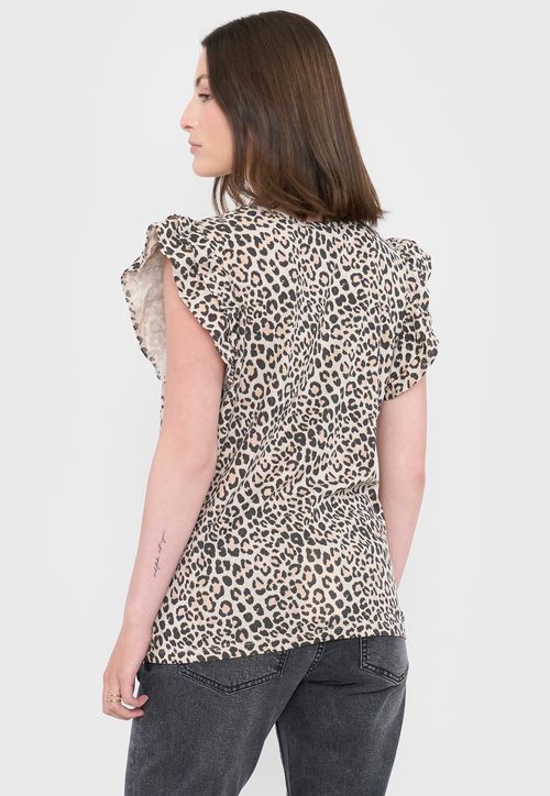 Polera Mujer Vuelos Animal Print Café