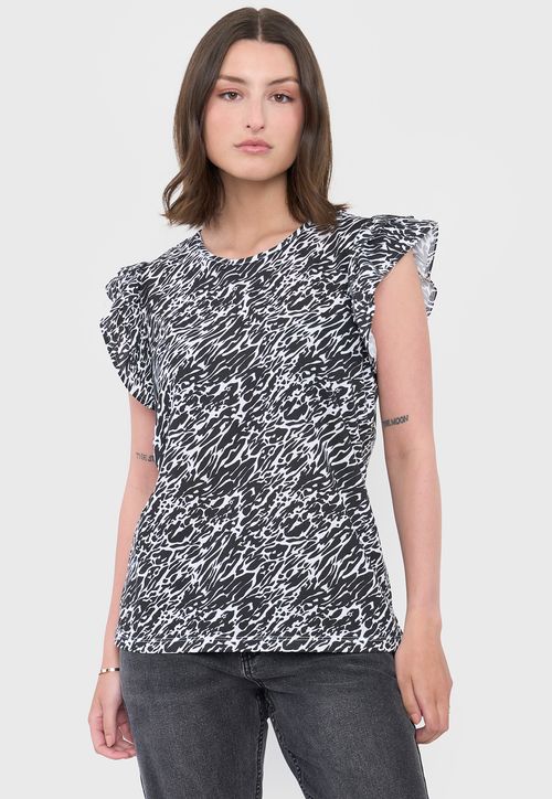 Polera Mujer Vuelos Animal Print Negro