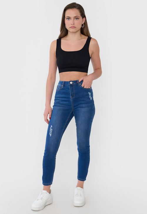 Jeans Mujer Skinny Fit Roturas Azul Oscuro