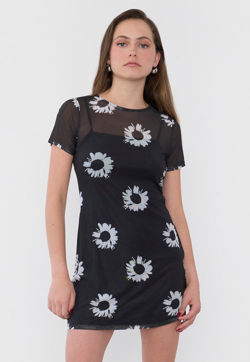 Vestido Mujer Malla  Flores Negro