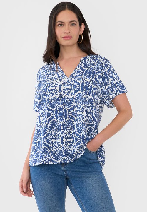 Blusa Mujer Manga Corta Hombro Recogido Azul