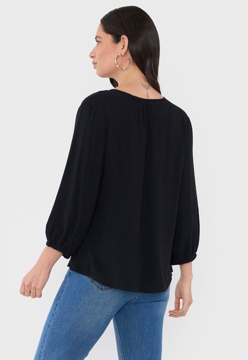 Blusa Mujer Botones Macramé Negro