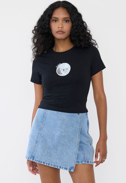 Polera Mujer M/C Crop Mini Print Negro