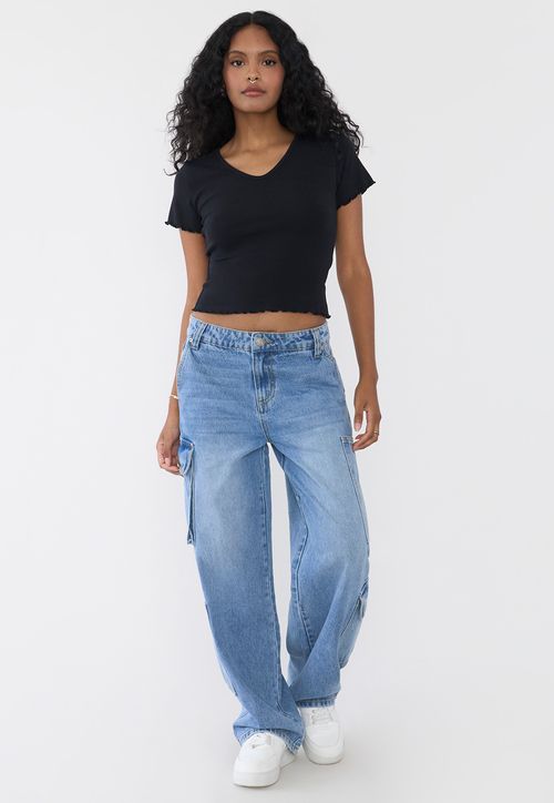 Jeans Mujer Straight Fit Full Cargo Azul Claro