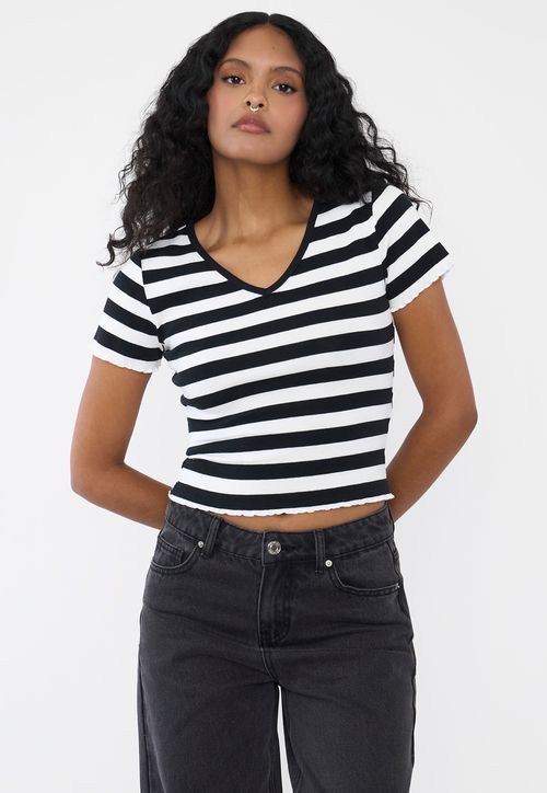 Polera Mujer Manga Corta Rayas Negro