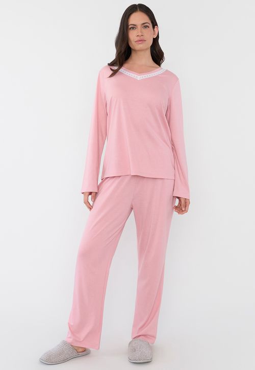 Pijama Mujer Largo Encaje Palo Rosa