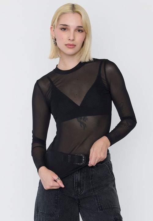 Polera Mujer Malla Manga Larga Negro