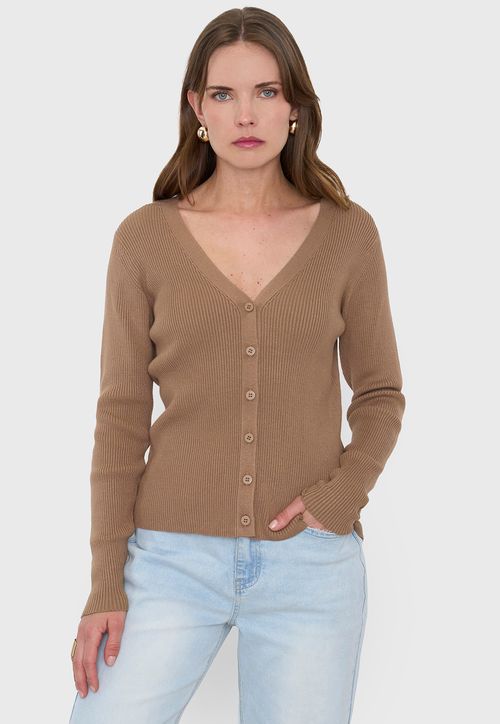 Cárdigan Mujer Rib Botones Camel