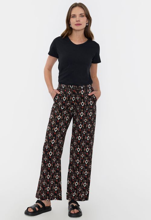 Pantalón Mujer Negro Fluido Botón Print Étnico