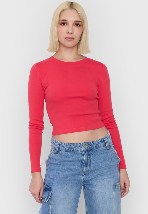 Polera Mujer Crop Manga Larga Rojo
