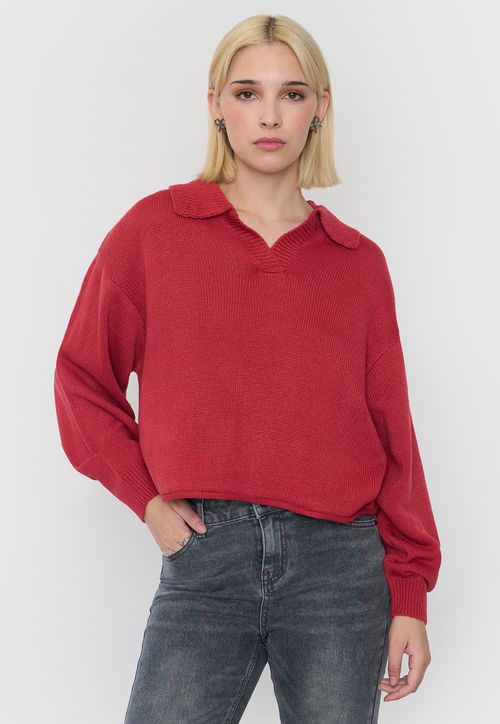 Sweater Mujer Cuello Polo Bicolor Rojo