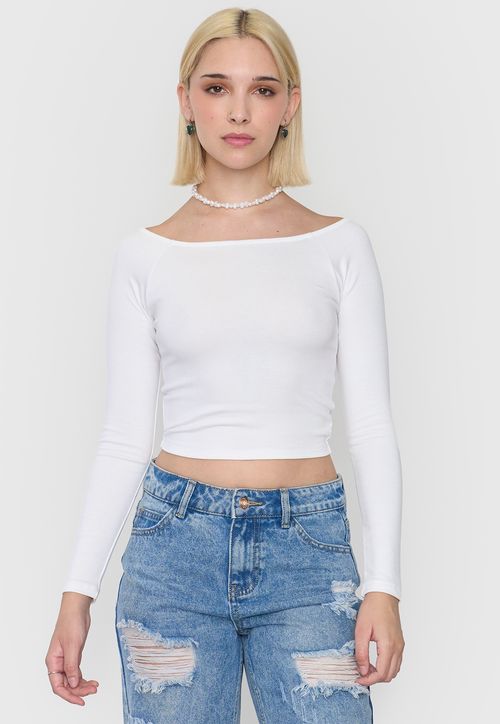 Polera Mujer Sin Hombros Manga Larga Blanco