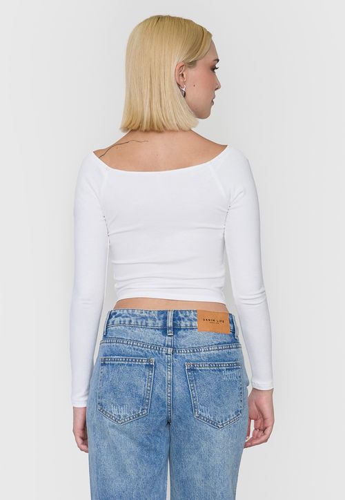 Polera Mujer Sin Hombros Manga Larga Blanco