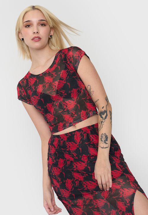 Polera Mujer Malla Manga Corta Rojo