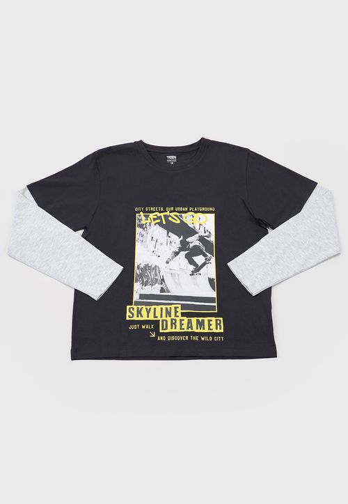 Polera Niño Teen Doble Manga Negro
