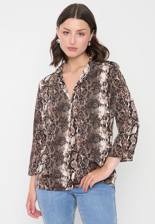 Blusa Mujer Cuello Camisero M/L Snake Print Café