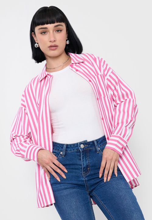 Blusa Mujer Camisera Rayas Fucsia