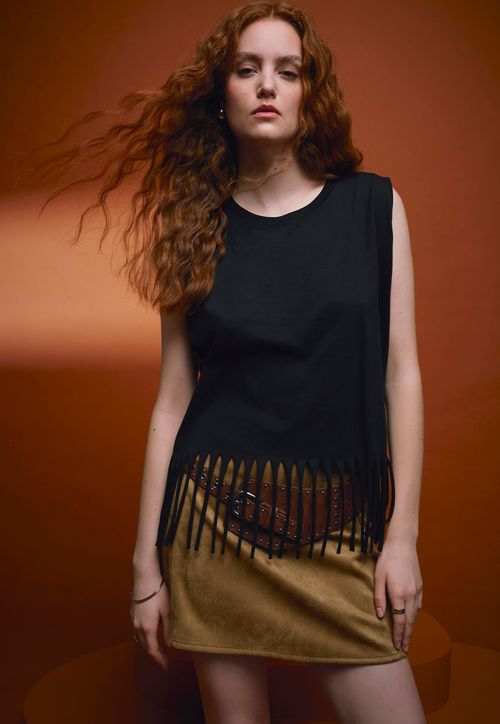 Polera Mujer Flecos Negro