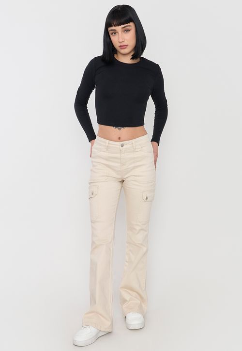 Jeans Mujer Flare Fit Cargo Ecru