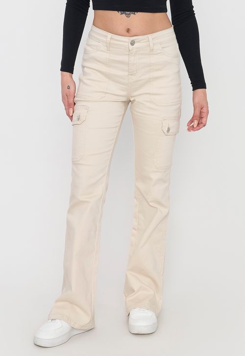 Jeans Mujer Flare Fit Cargo Ecru
