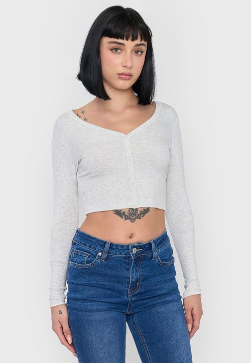 Polera Mujer Manga Larga Broches Gris