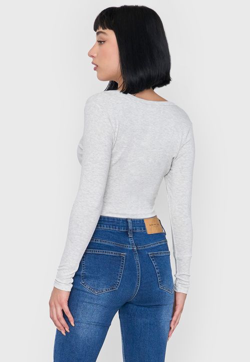 Polera Mujer Manga Larga Broches Gris