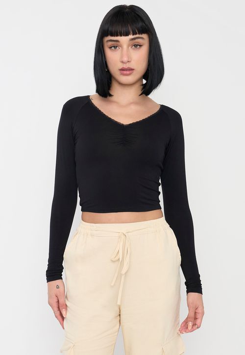 Polera Mujer Manga Larga Negro Cuello V