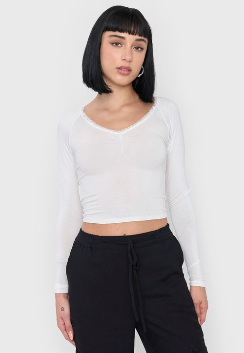 Polera Mujer Manga Larga Cuello V Blanco