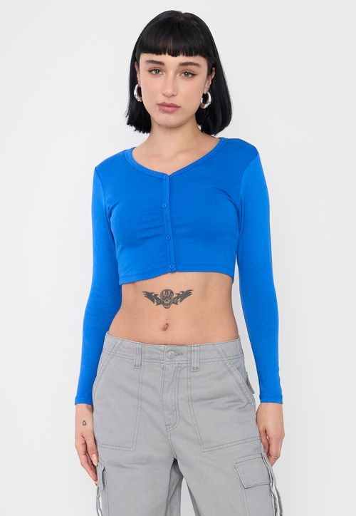 Polera Mujer Manga Larga Broches Azul