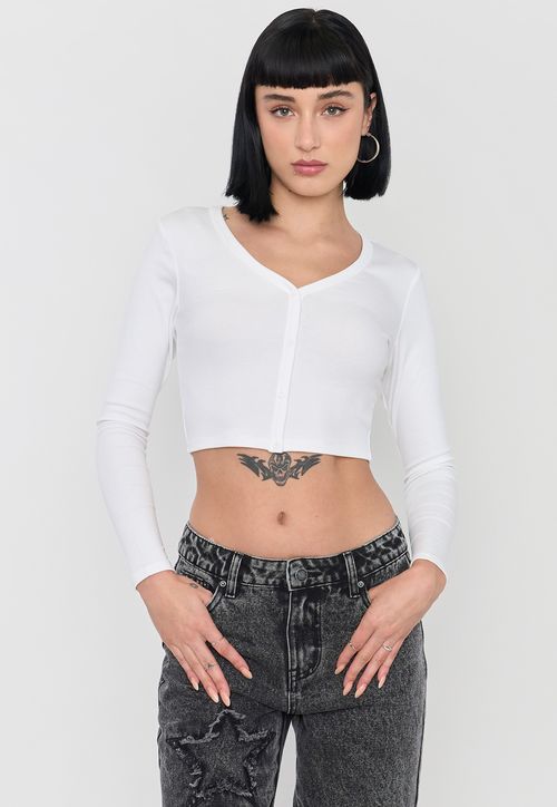Polera Mujer Blanco Manga Larga Broches