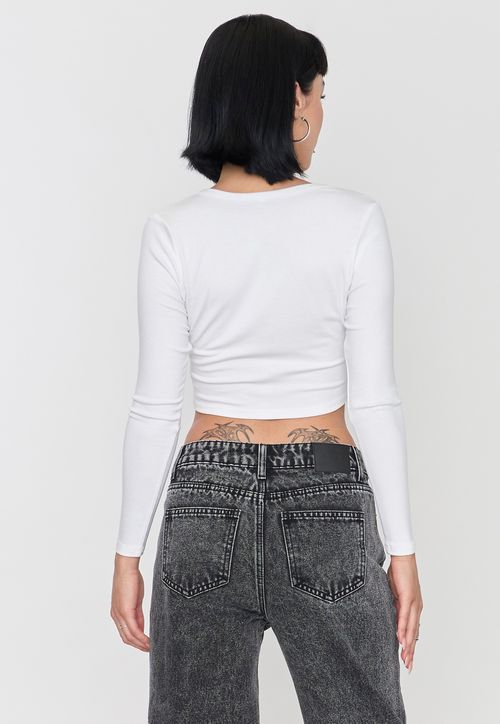 Polera Mujer Blanco Manga Larga Broches