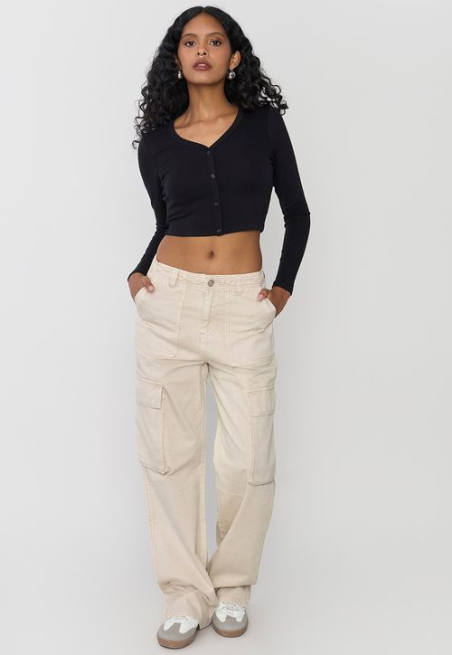 Jeans Mujer Straight Fit Cargo Beige