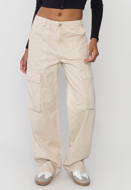 Jeans Mujer Straight Fit Cargo Beige