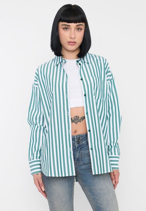 Blusa Mujer Camisera Rayas Verde