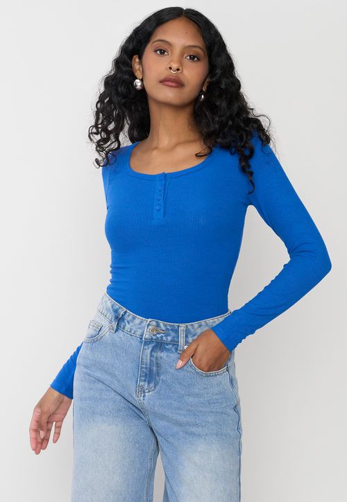 Body Mujer Manga Larga Botones Azul