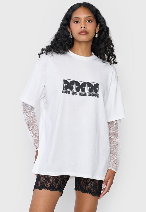Polera Mujer Oversize Manga Encaje Ecru