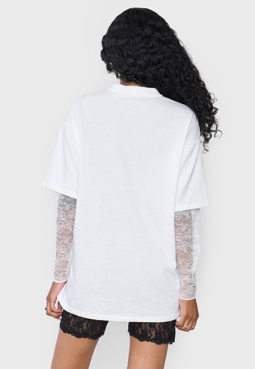 Polera Mujer Oversize Manga Encaje Ecru