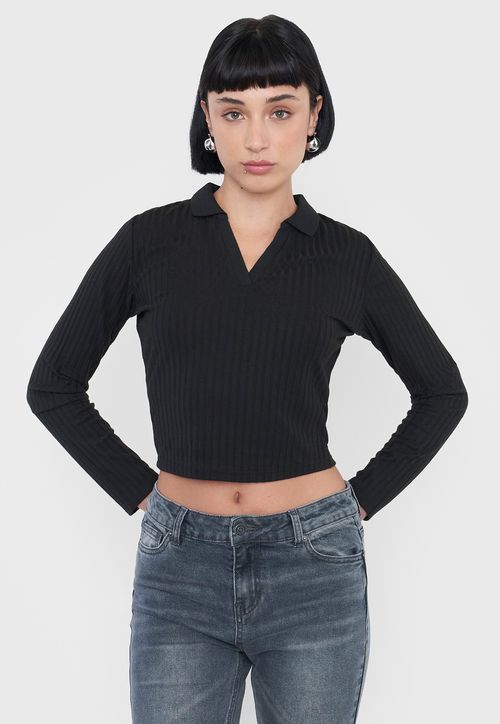 Polera Mujer Manga Larga Cuello Polo Negro
