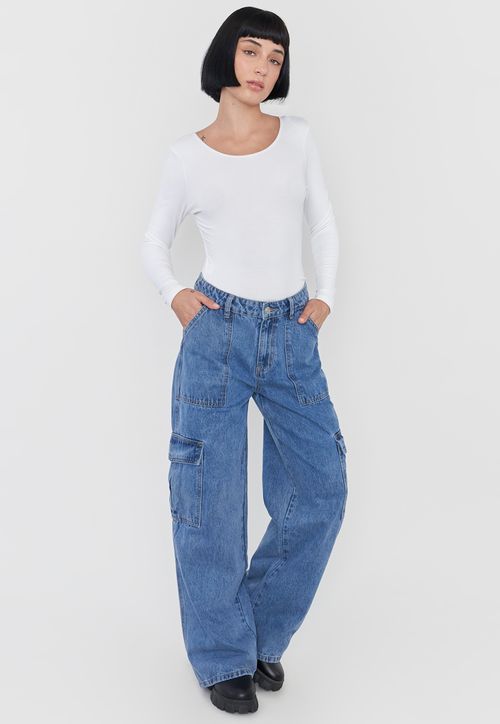Jeans Mujer Cargo Wide Leg Fit Azul Medio