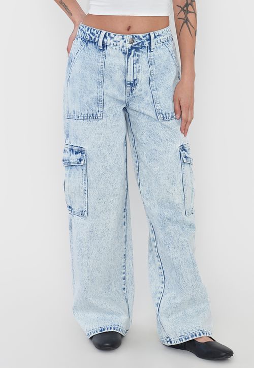 Jeans Mujer Cargo Wide Leg Fit Azul Claro