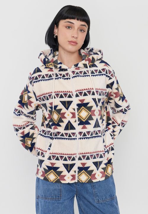 Polerón Mujer Peludo Full Print Beige Tribal