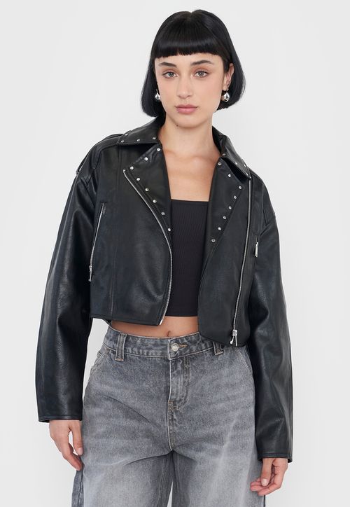 Chaqueta Mujer Biker Ecocuero Tachas Negro
