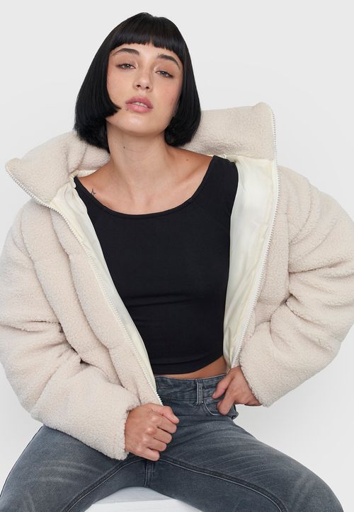 Chaqueta Mujer Teddy Ecru Cuello Alto