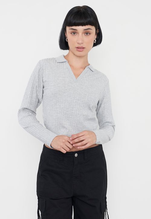 Polera Mujer Manga Larga Cuello Polo Gris