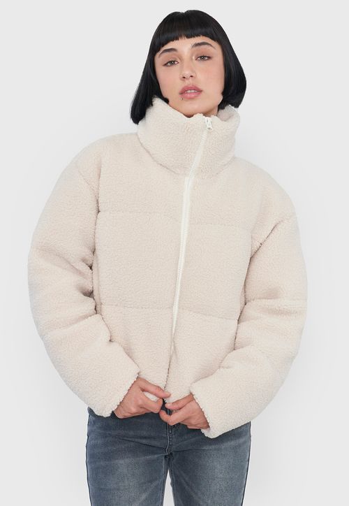 Chaqueta Mujer Teddy Ecru Cuello Alto